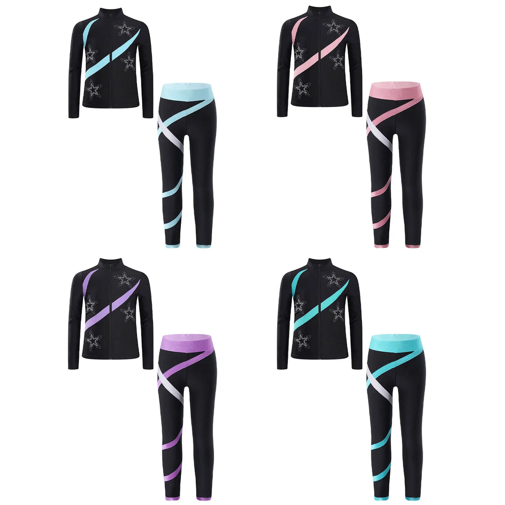 Kids Girls Sports Set Long Sleeve Zipper Sweatshirt with Leggings Children's Sport Suits for Workout Skating Gymnastics Outfits