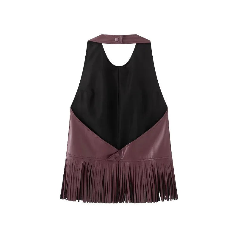Women Faux Leather Fringe Vest Halter Sleeveless Back Button Sleeveless Waistcoat Western Cowgirl Street Chic Outerwear Tank Top