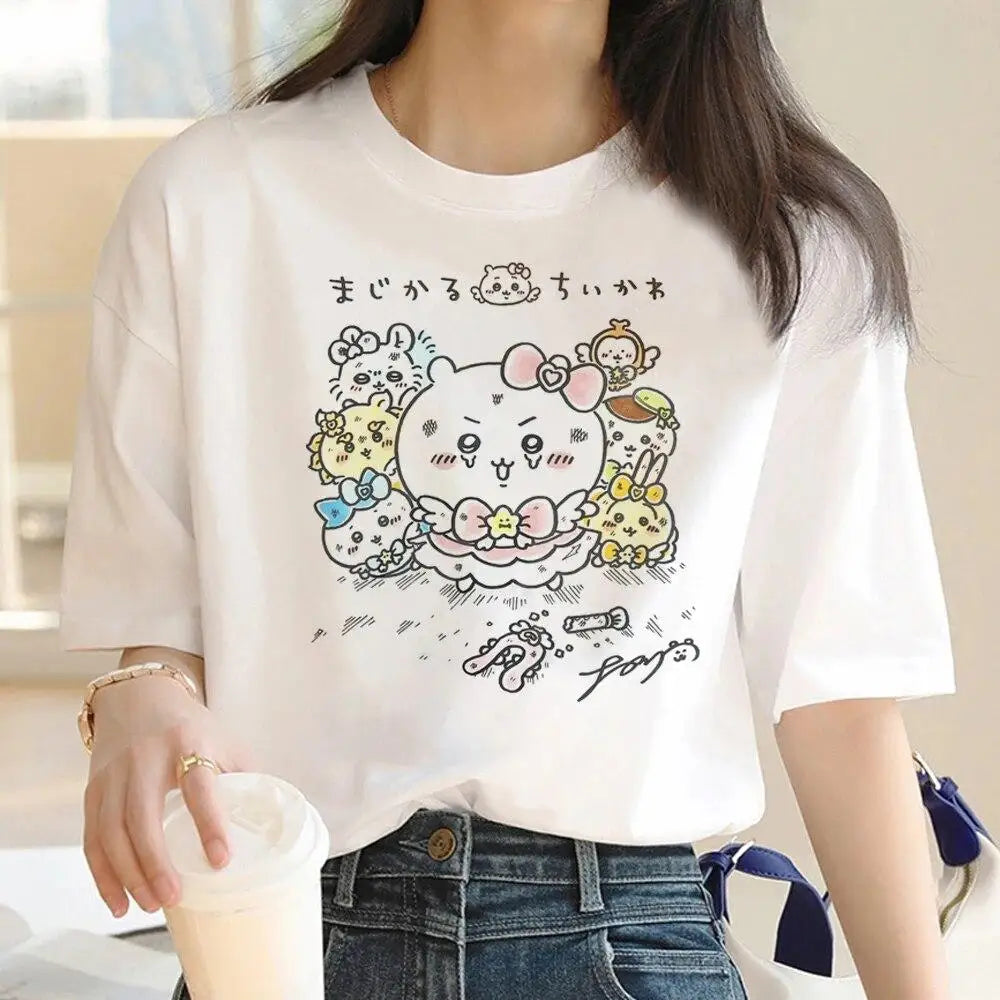 Kawaii Chiikawa Drinking Party T‑shirt Hachiware Usagi Kurimanju Cartoon Print Casual Loose Short Sleeve Tee Summer Unisex Tops