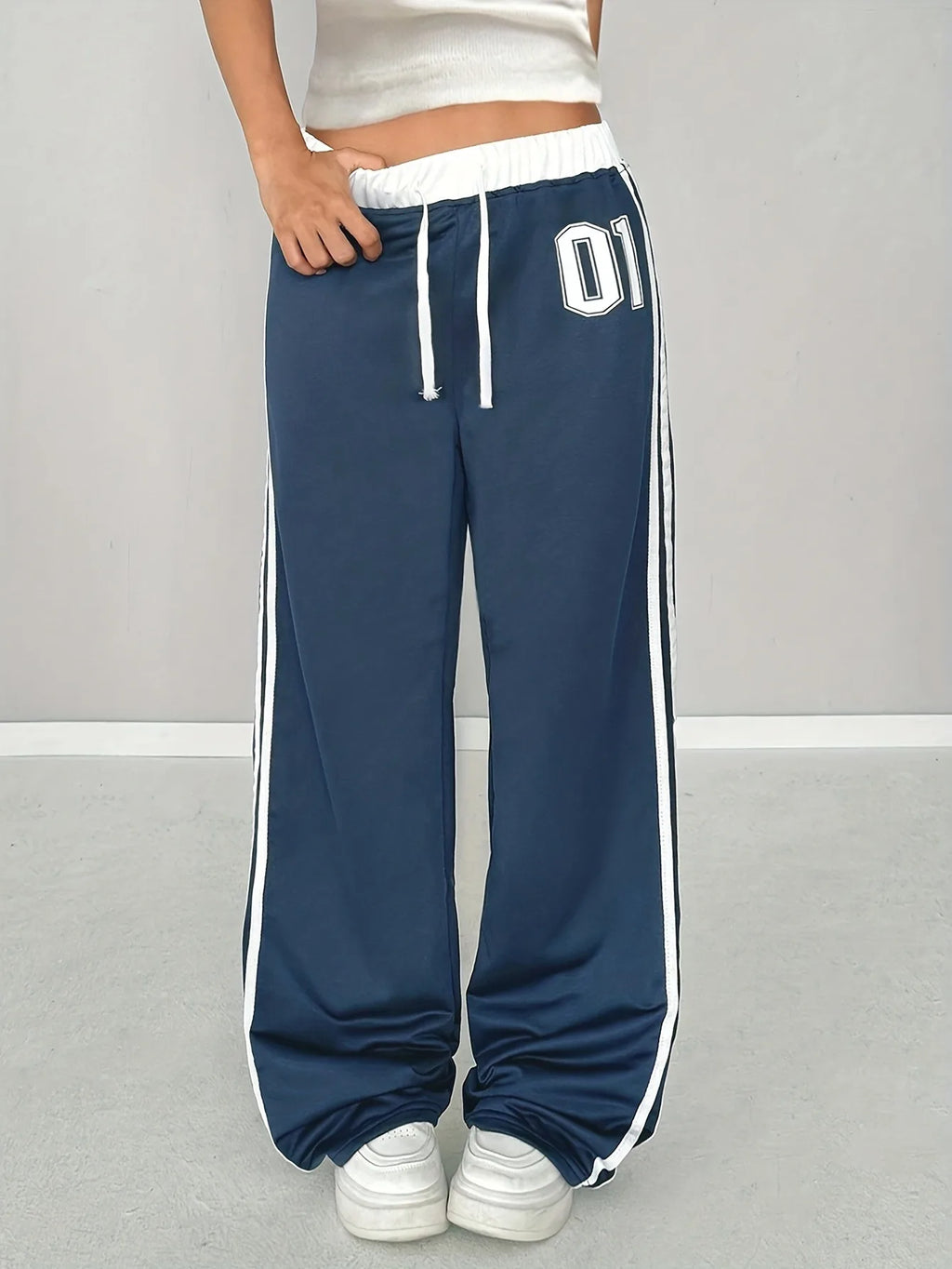 Kids Girls 01 Number Contrast Striped Drawstring Waist Wide Leg Sports Casual Pants