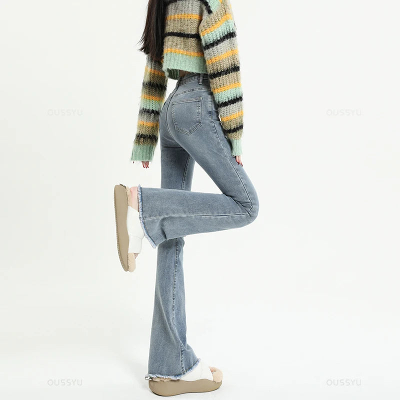 Spring Summer Flared Jeans Women Cotton Vintage Blue Denim Pants Streetwear Elastic High Waist Slim Harajuku Trouser Plus Length