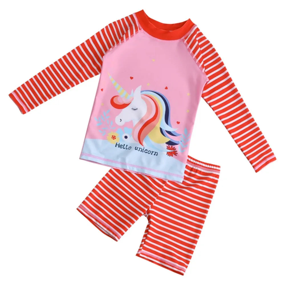 Kids Long Sleeve Swimwear Set 2Pcs Boys Girls Cartoon Swimsuit UV Protection Beachwear for Children Toddler Bathing Suit