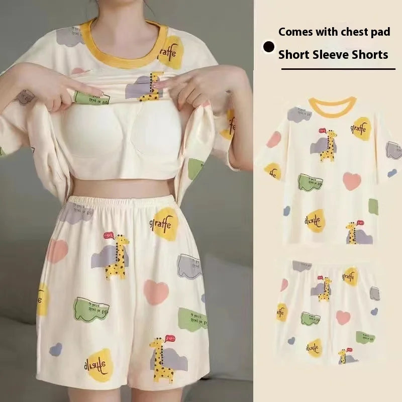 Pajamas Female Summer Short-Sleeved Set of Sweet with Chest Cushion Korean Version of the Cartoon Students Homewear Sleepwear