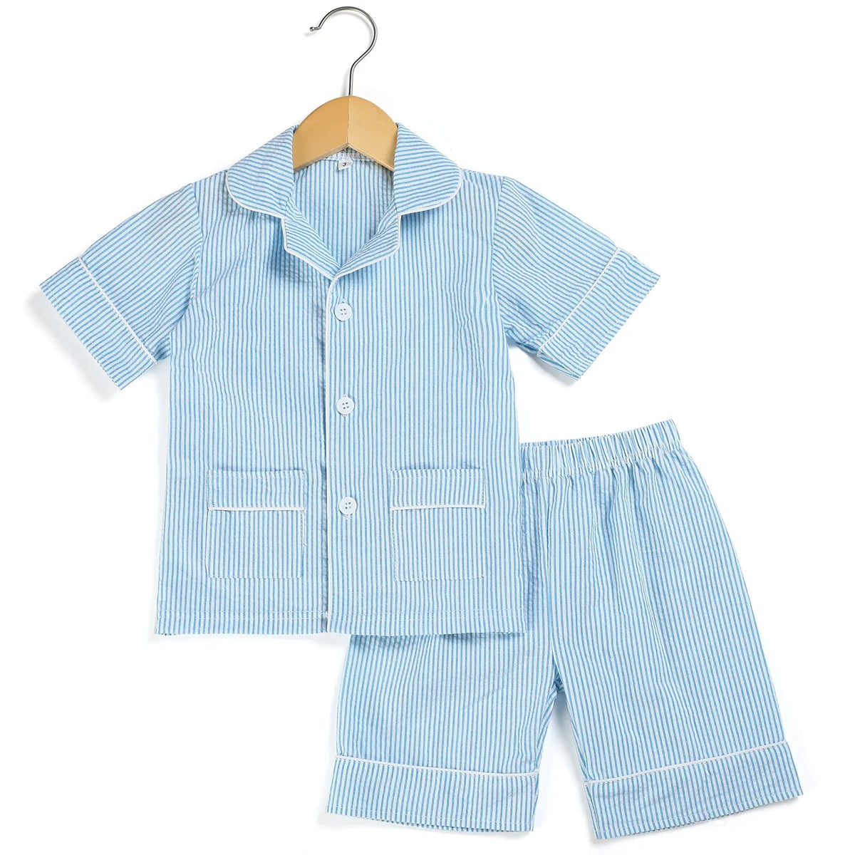 Ruffkids 100% Cotton Summer Kids Pajamas Sleepwear Seersucker Striped Matching Pjs Boys Clothes Loungewear Girls Pyjamas Set