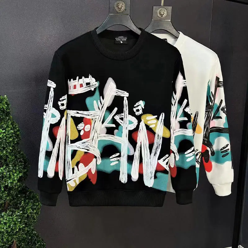Premium Graffiti Hoodie Men's Trendy T-shirt Spring and Autumn Long Sleeve 2024 New Winter Coat with Velvet
