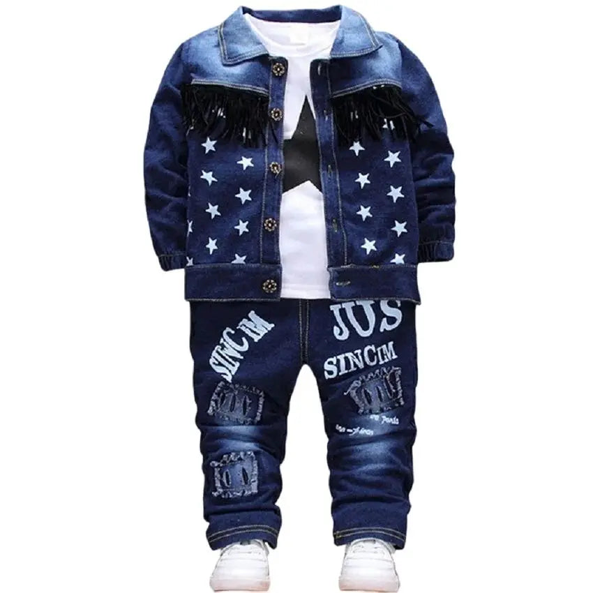 Kids New Denim Jacket Boys Coat Toddler Sport Clothes Suit Clothing Set Cotton Jeans Coat T-shirt Pants Star Tracksuit Children