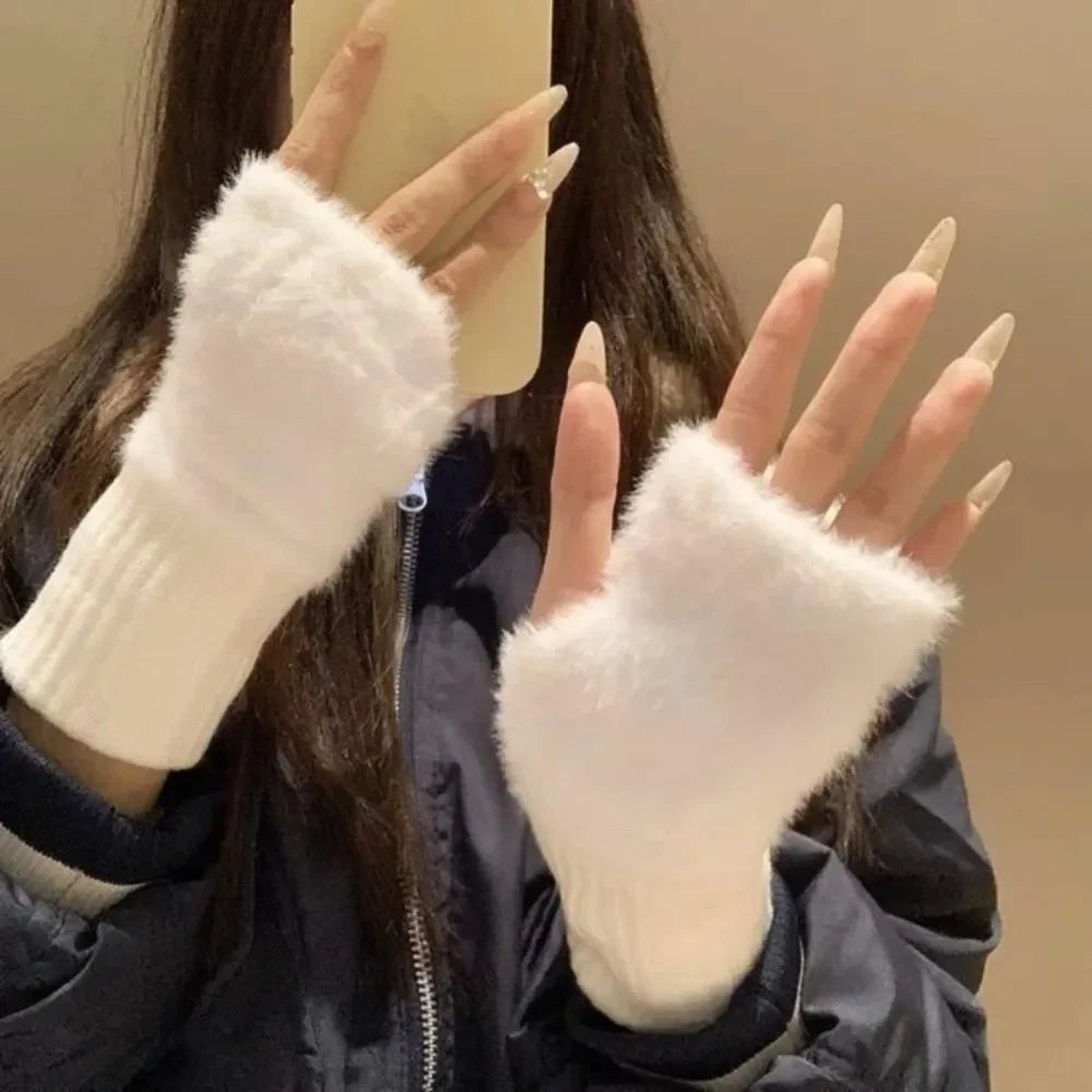 1Pair Warm and Cold-proof Half-finger Gloves for Women in Autumn and Winter, Versatile and Plush, Cute Office Half-finger Gloves