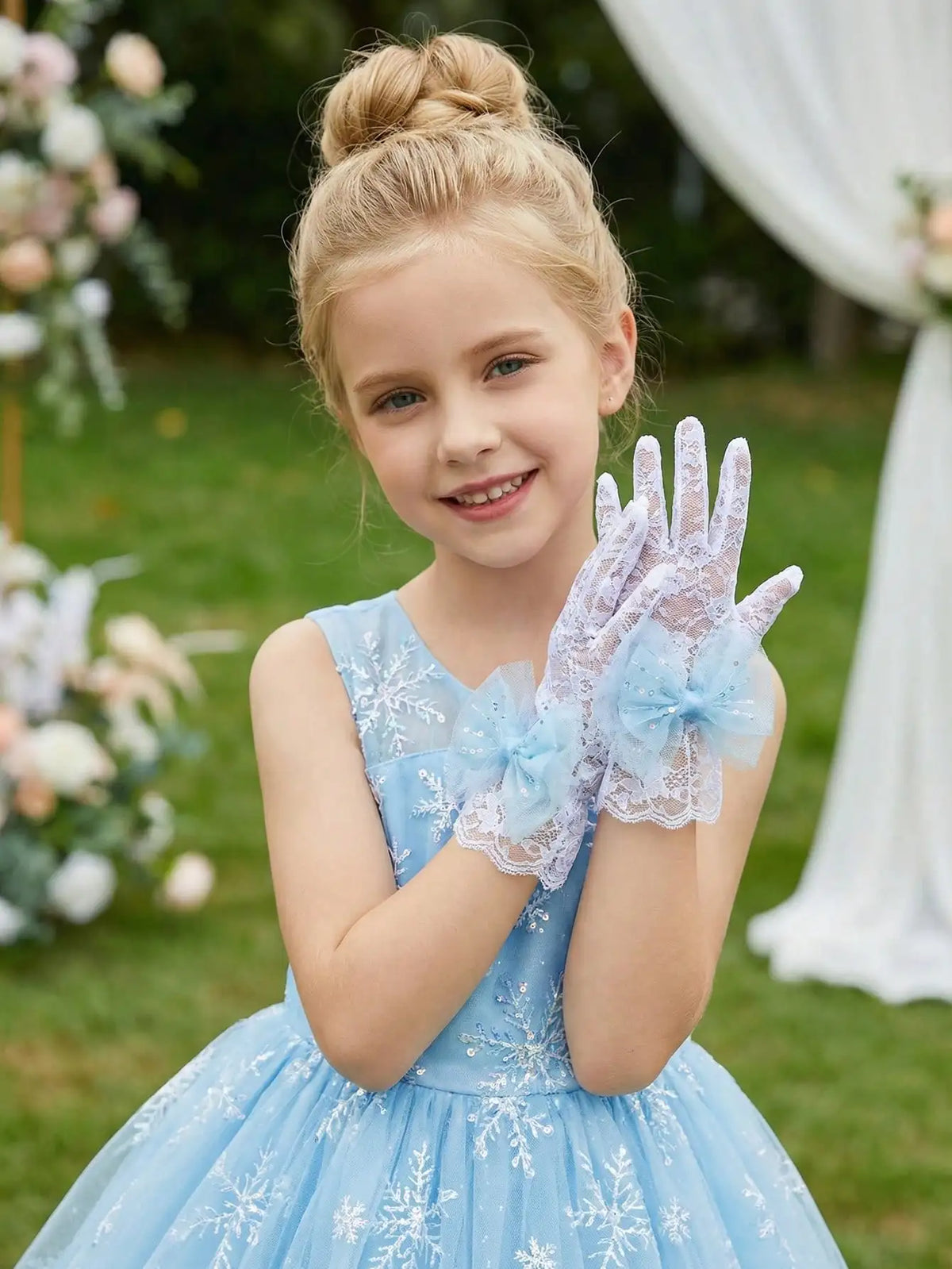 1Pair 4-10Y Girls  Decor Lace Gloves Soft Stretch Gloves Wedding Flower Girl Dance Birthday Photo Props
