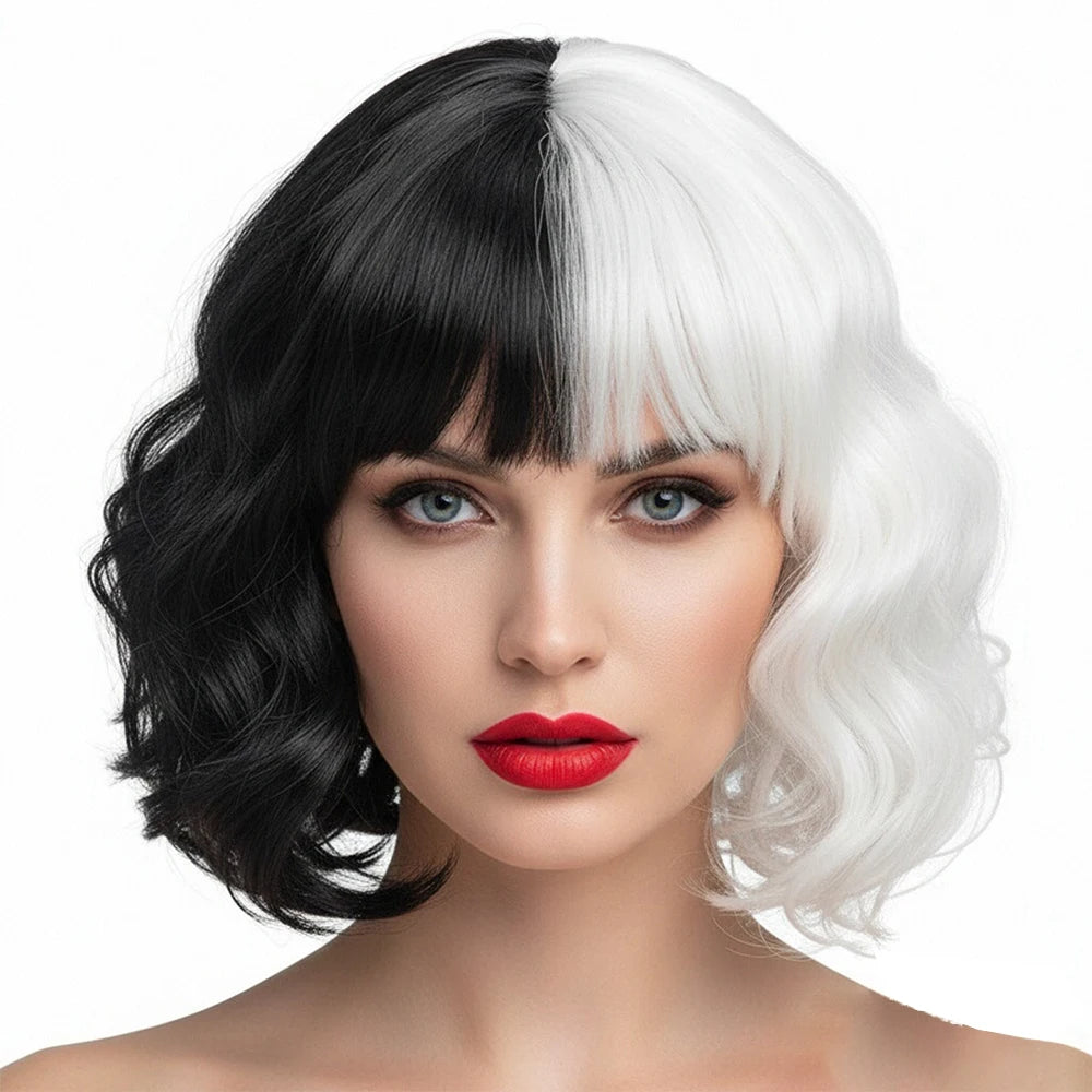 Women Wig Black and White Split Color Short Curly Hair Synthetic Half Black Half White Bob Wigs Halloween Cosplay Party Headwear
