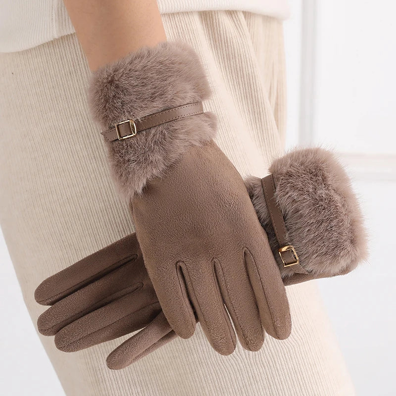 Women's winter gloves with plush lining, warm, windproof, cold-resistant, with plush decoration, touch-screen compatible, suitable for driving and cycling, 1 pair