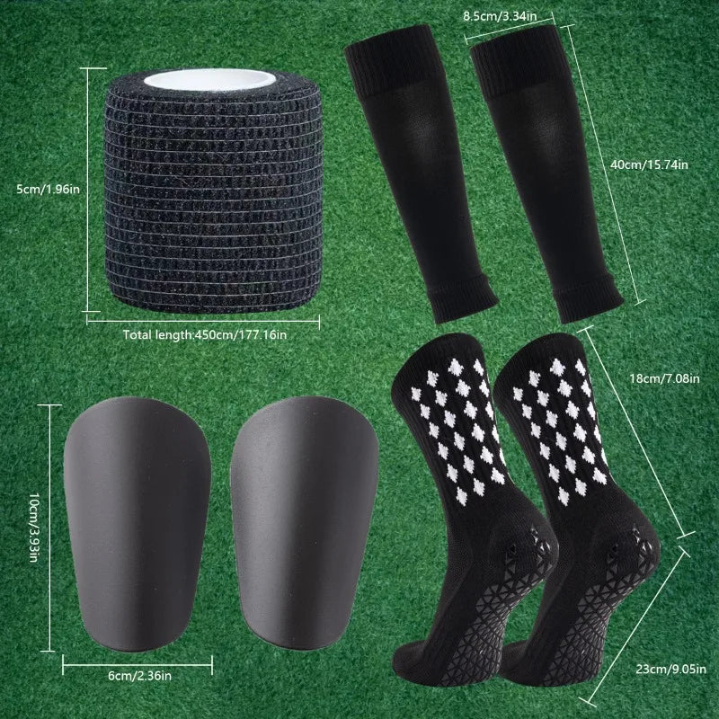 4 in 1 Soccer Equipment Set Anti Slip Socks Shin Pads Leg Sleeves Tape for Football Training Men Kids