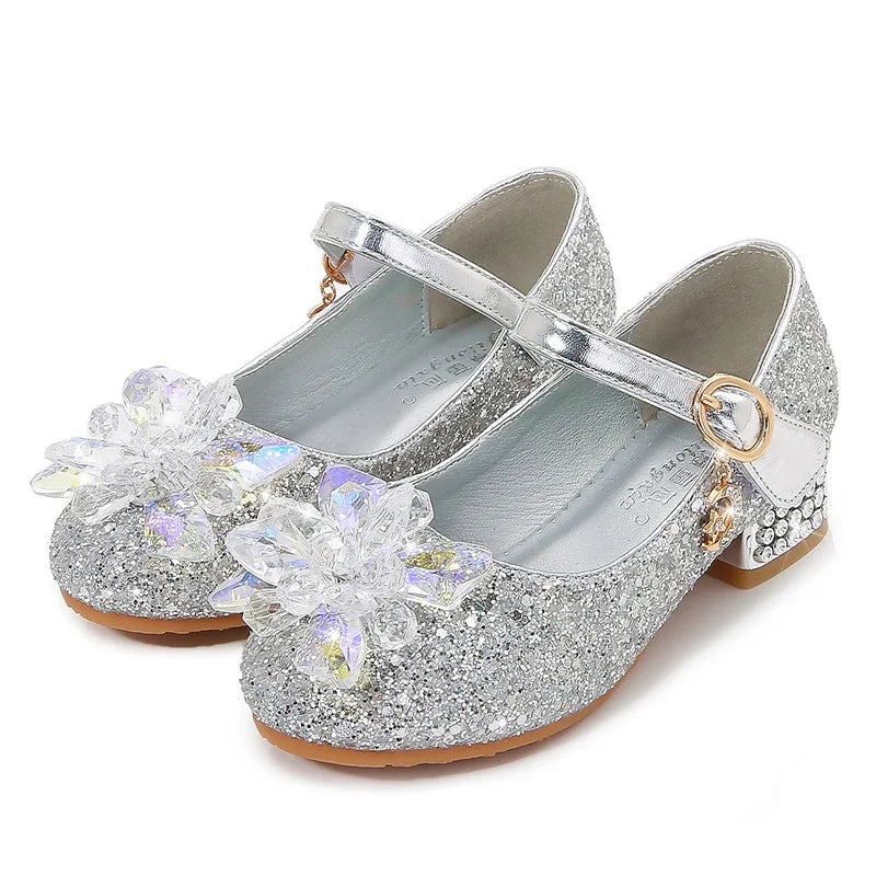 Kids Causal Shoes Wedding Party Children's High Heels Princess Shiny Crystal Flower Girls Leather Shoes Pink Blue Sliver 23-38