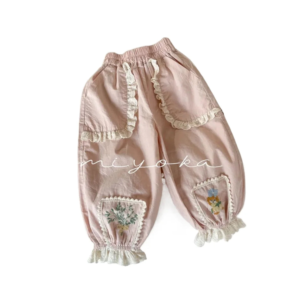 Pants Children Girl 2025 Spring New Style Cotton Pink Lace Ruched Embroidered Joggers Sweet Fashion Casual Distinctive