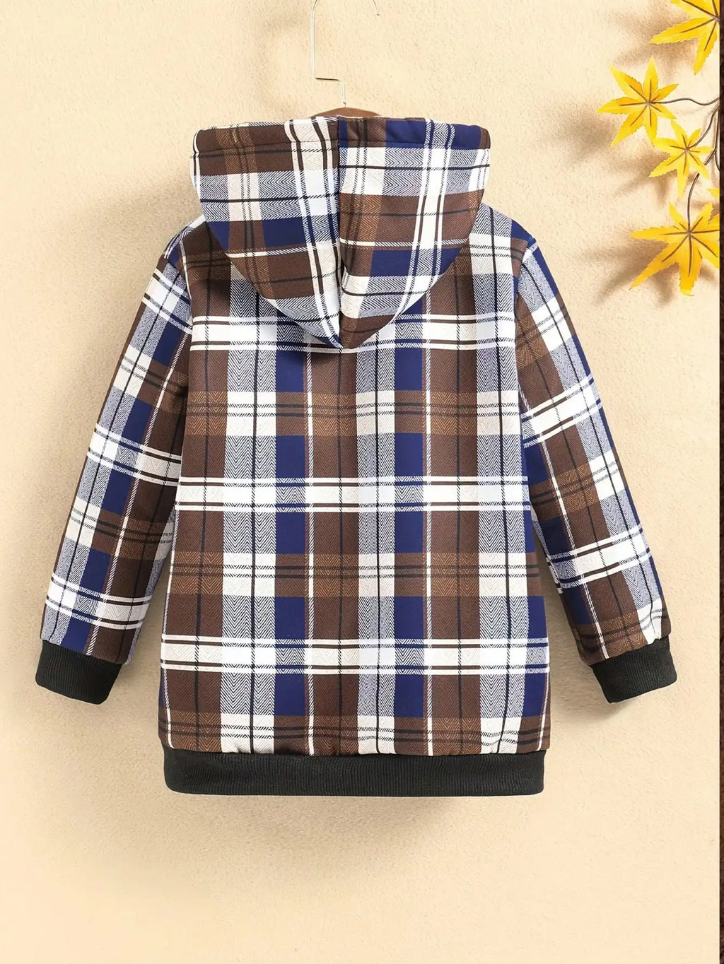 Children's Hooded Jacket Autumn Winter Casual Elegant Fleece Plaid Zipper Long Sleeved Top for Kids