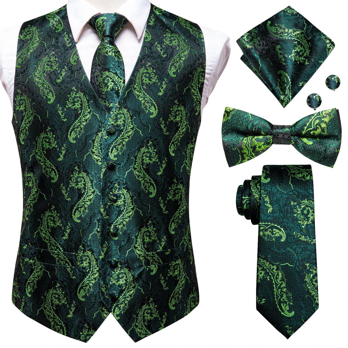 Luxury Gold Mens Suit Vest Red Blue Green Yellow Red Waistcoat Tie Bowtie Hanky Cufflinks Set Male Waist Jacket Wedding Office