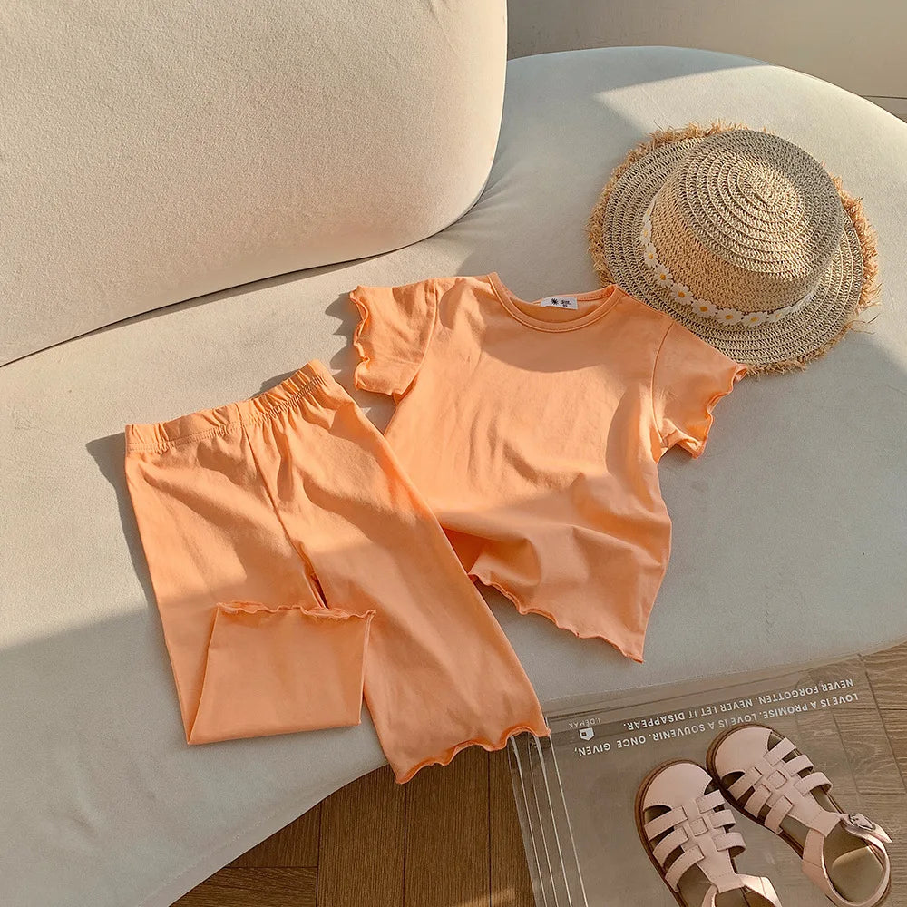 Children's Odell Suit Girls' Candy Color Short-sleeved Air-conditioned Clothes Baby Pants Pajamas Home Clothes