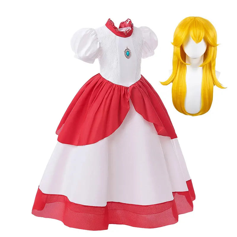 Kid White Peach Costume Princess Costume Plumber Adventure Girls Cosplay Apparel Halloween Video Game Victory Bonus Lolita Dress