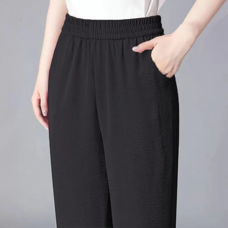 Ladies High Waist Ice Silk Hemp Thin Straight Leg Casual Pants Harlan Sle Nine Point Summer Trousers Pure Color Casual Wear