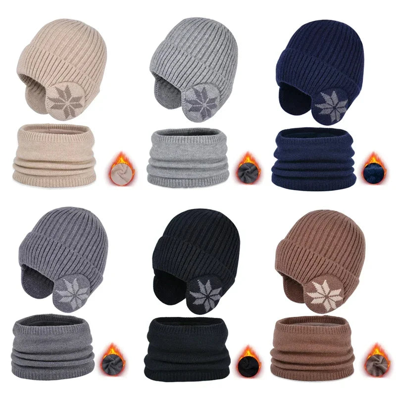 Kids Winter Knitted Hat Scarf Set for Boys Girls 2Pcs Fleece Lined Warm Earflaps Children Beanie Cap Neck Warmer for 4-10Y
