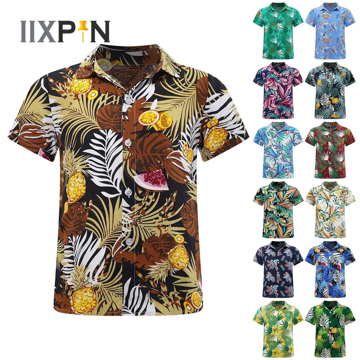 Kids Boys Hawaiian Shirts Tropical Graphic Print Short Sleeve Shirt Casual Turn-Down Collar Tee Tops for Vacation Beach Holiday
