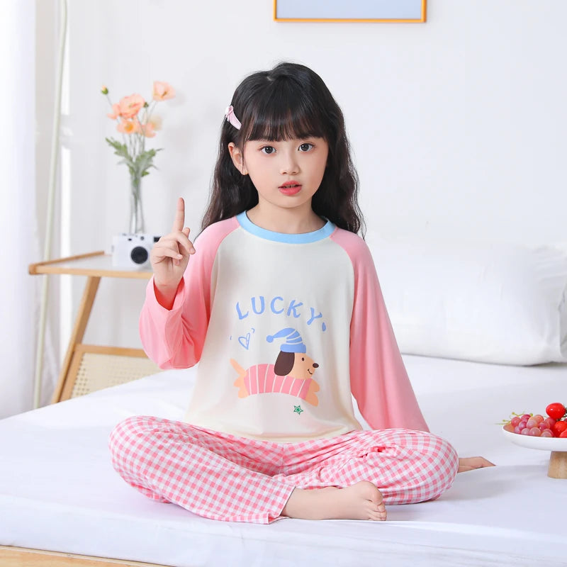 Kids Modal Pajamas Set, Short Sleeve Long Pants Cartoon Loungewear, Breathable Cool Soft Sleepwear For Boys Girls