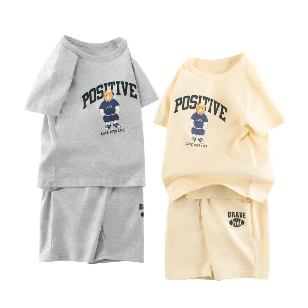 2025 Children Clothing Set Boys Girls Bear Cartoon Short Sleeve Cotton Sweatshirt Set Kids Comfortable Casual Outdoor Outfit