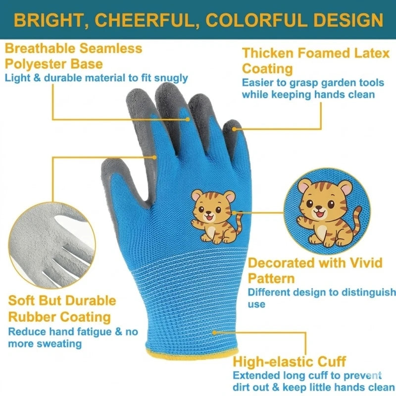 Kids Gardening Yard Work Gloves Children Grippy Rubber Coated Garden Safety Gloves for Toddlers Youth Girls Boys Outdoor Playing