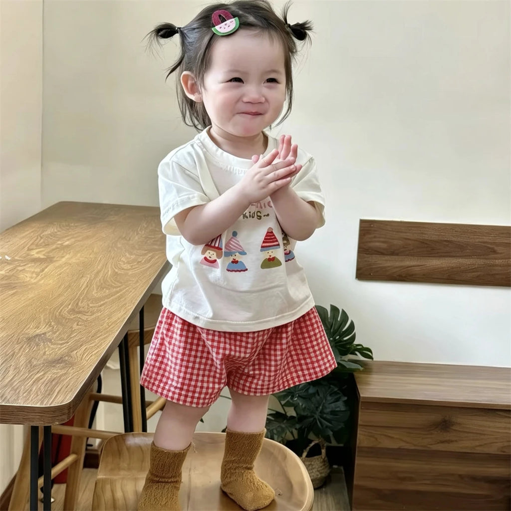 Pink Tshirts Black Shorts 2pcs Girls Printed T-shirt Versatile Shorts Lovely Tees Plaid Shorts Toddler New 2026 Summer Clothes
