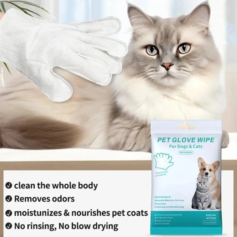 Pet Cleaning Gloves 6PCS Wash Free Grooming Wipes for Dogs Cats Disposable Dry Bath Gloves Gentle Care Supplies