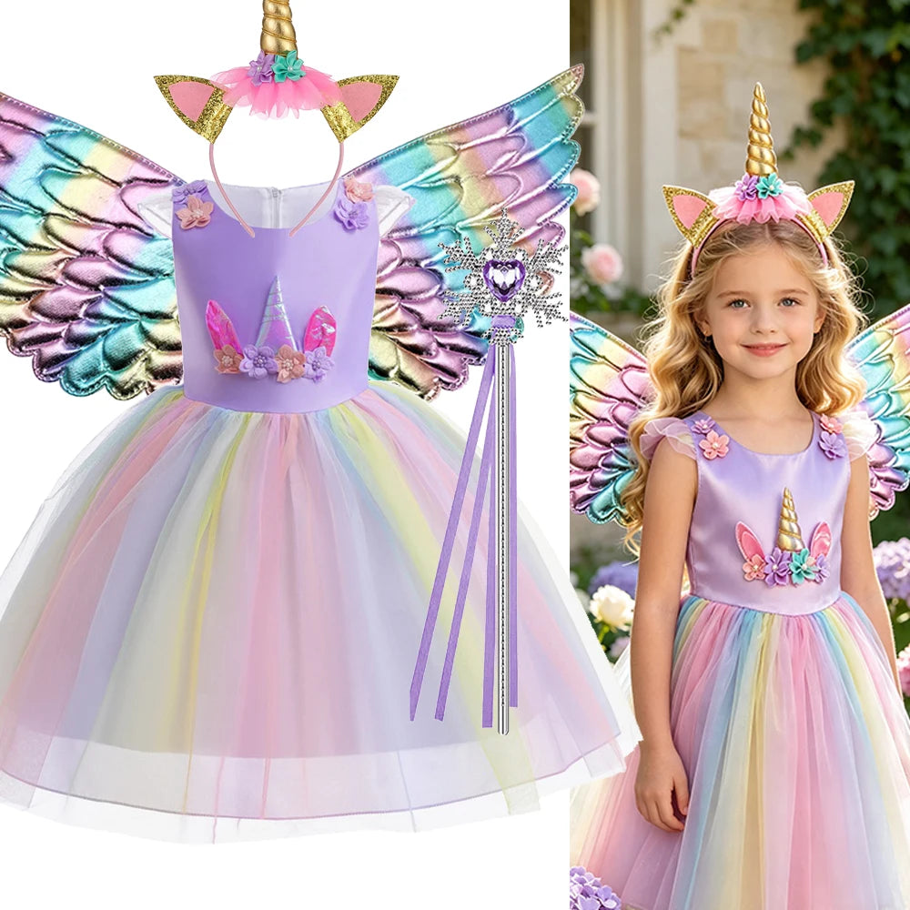Kids Clothes Summer Girls Dress Short Sleeves Rainbow Princess Dress For Children Baby Birthday Party Clothing Unicorn 3-8years