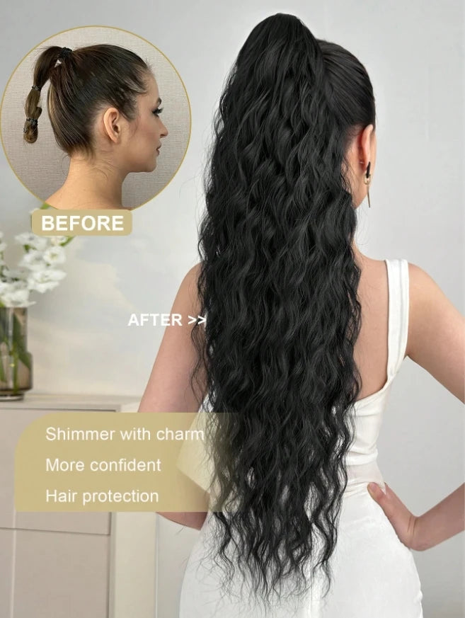 The black, flax, 26-28 inches long wavy, heat-resistant fiber synthetic wig is suitable for women and girls' daily use at gather