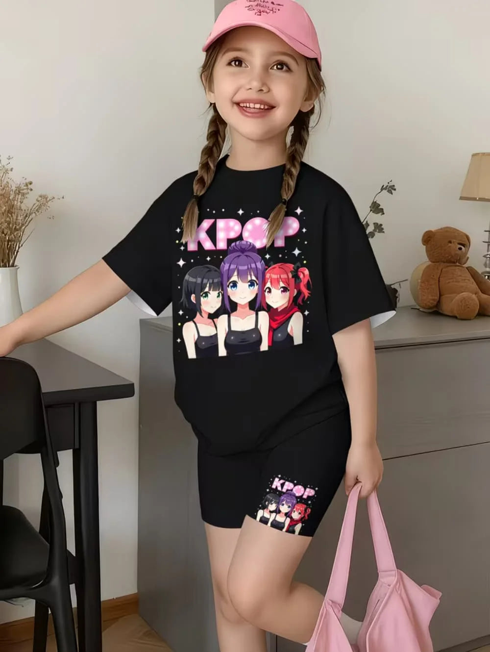 Kpop Cartoon Print Pajamas Sets Kids T-Shirts Funny Gift Harajuku Kids Short Summer Tops Short Sleeve Sets Children's Clothing