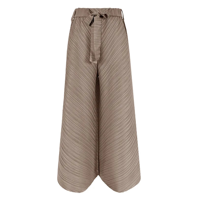 Miyake Pleated Wide Leg Loose Pants Stitching Casual Big Trousers Women Summer Dubai Designer Fashion Belt Aesthetic Clothes