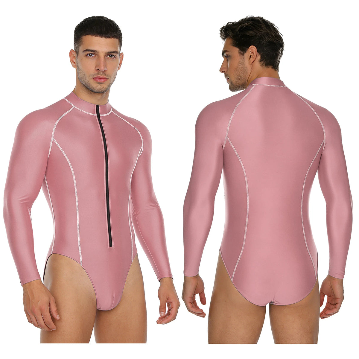 Men Swimsuit Glossy Bodysuit Rash Guard Wetsuit Swimwear Beach Surfing Sports Workout Romper Long Sleeve Zipper Silky Jumpsuit