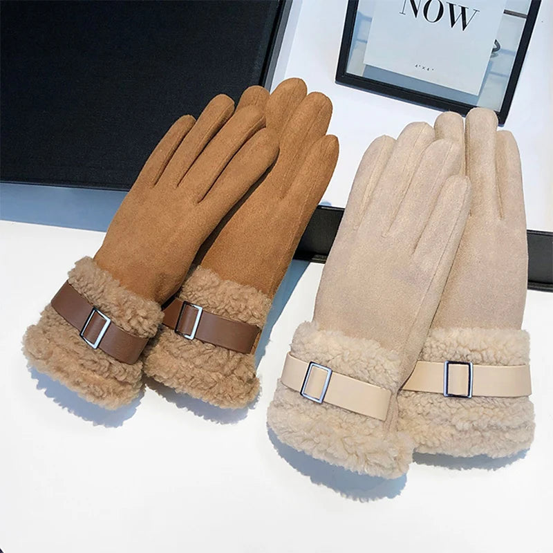 Women's Winter Gloves with Fleece Lining, Warm, Windproof, Cold-Resistant, Plush Decoration, Touchscreen Compatible, Suitable fo