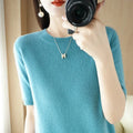 2025 Spring Summer Womens Sweater Short Sleeve O-neck Slim Fit Knitted Pullovers Bottoming Casual Knitwear Camel Pink Clothes