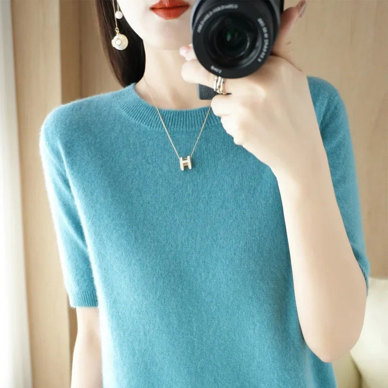 2025 Spring Summer Womens Sweater Short Sleeve O-neck Slim Fit Knitted Pullovers Bottoming Casual Knitwear Camel Pink Clothes