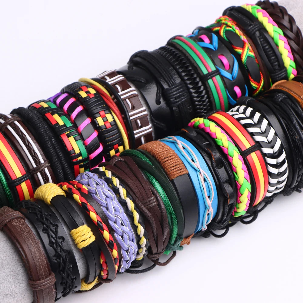 10/20/30/50/100Pcs/Lot Fashion Hand Woven Adjustable Leather Bracelets For Men Retro Style Jewelry Accessories Gifts Wholesale