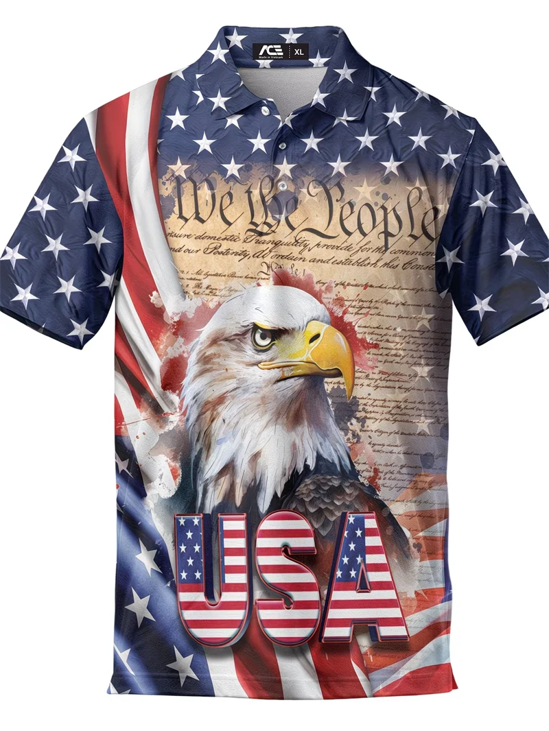 American Flag Eagle Print Couple Men's Polo Shirts Women USA Star Striped Patriotic Casual Sportswear For Independence Day