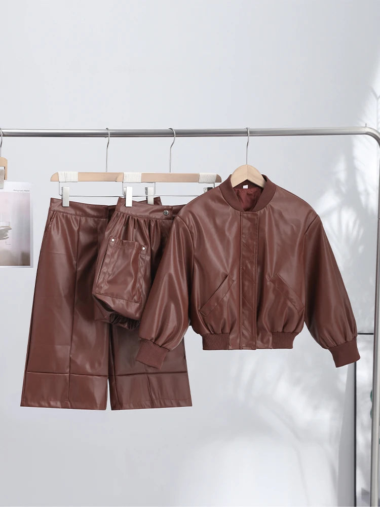 2026 Autumn Winter Street Pu Leather Coat Pants Suit Women Slim Full Sleeve Lapel Zipper Solid Coat High Waist Trouser Outwear