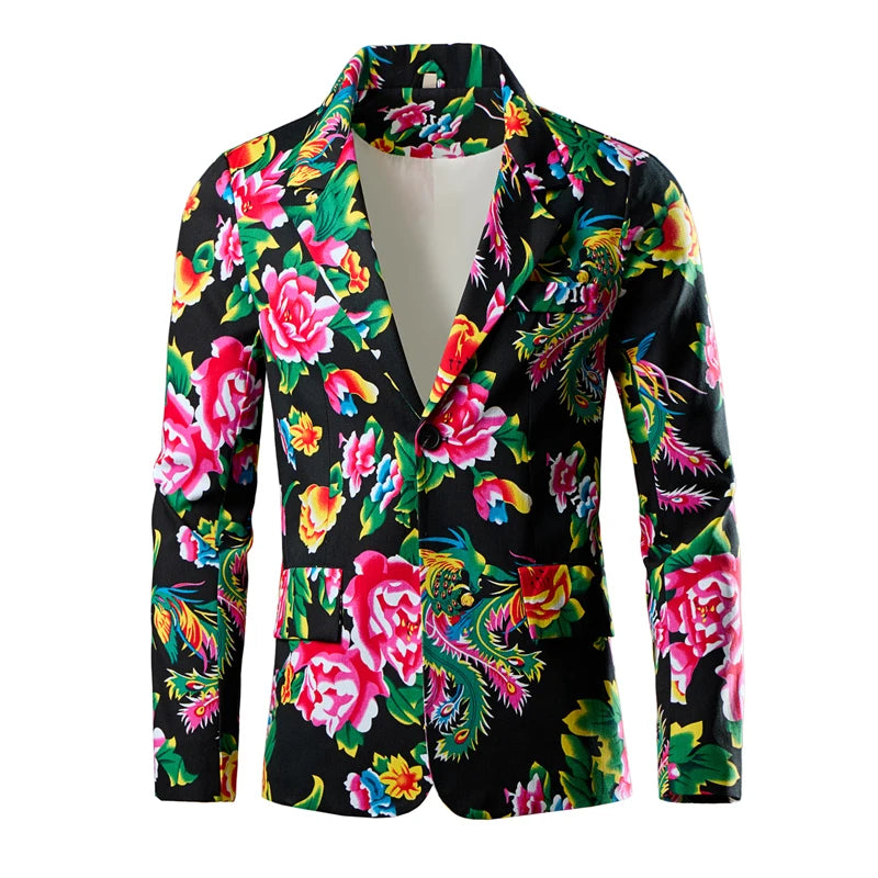 2026 Thin Men's Black Printed Suit Jacket, Asian Size V-Neck Single Button Blazer, Red Nostalgic Style Long Sleeve Cotton Coat.