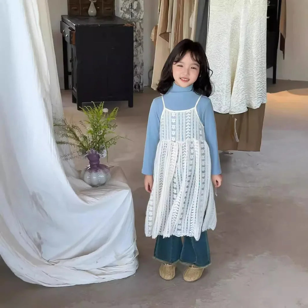 Girl Casual Dresses Autumn Winter Childrens Clothing New Korean 2026 Lace Camisole Skirt Washing Retro Make Old Jeans