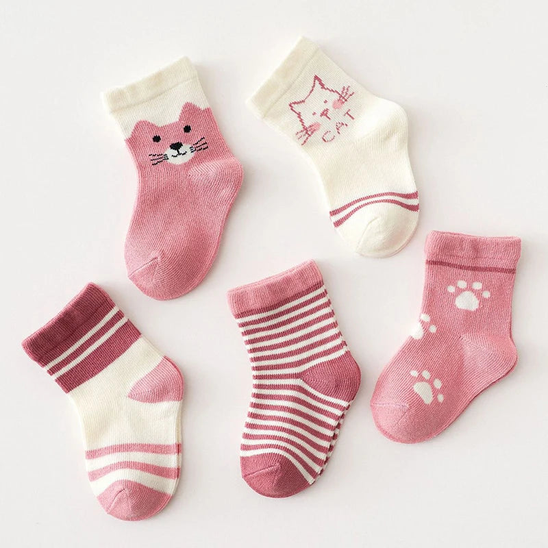 5Pair Cartoon Kids Socks Pink Cat Princess Girl Sock Cotton Keep Warm Winter Middle Tube Socks Baby Footwear Children Sokken Sox