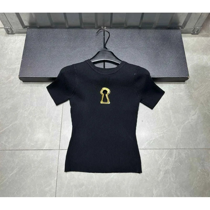 High Quality Summer New Hollowed Out Stand Up Collar Knitted Sweater Tshirt Women Commuting Slimming Sweater T-shirts Top