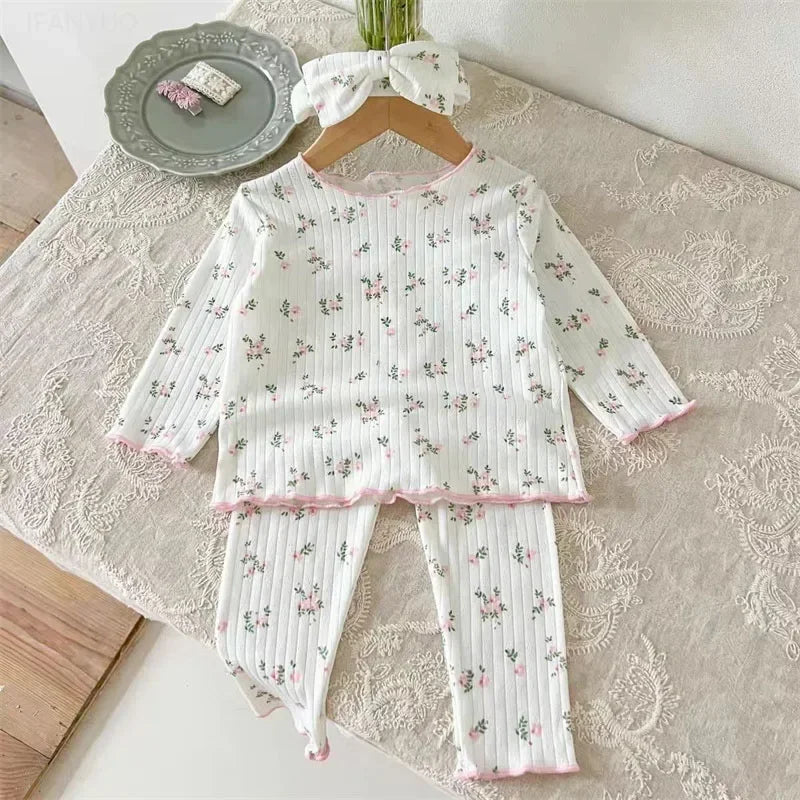 Soft Breathable Kids Newborn Baby Pajamas Set 0-3Y Infant Pink Floral Cotton Home Wear Suit Toddler Girls Sweet Loungewear