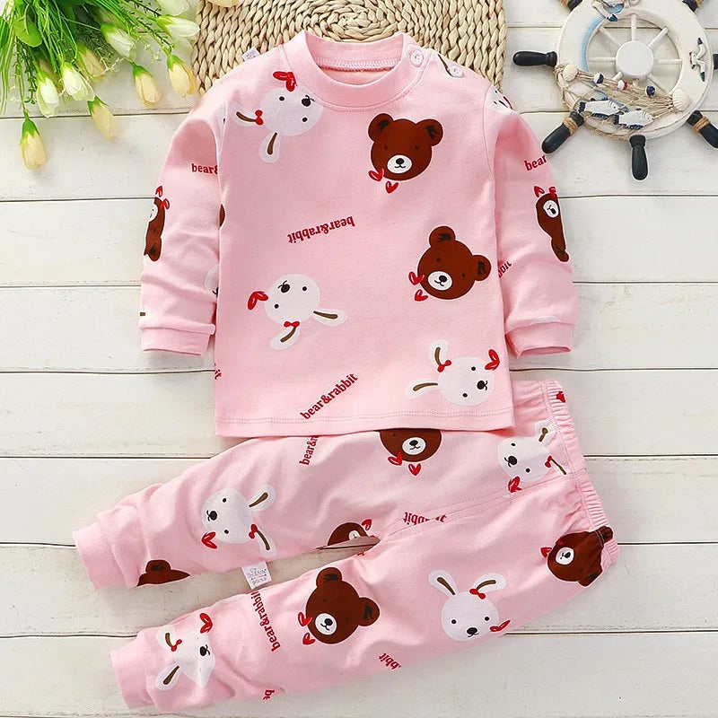 Girls Pink Pajamas Suits Long Sleeve Underwear New Child Casual Cotton Soft Tops+Pants Baby Cartoon Print Home Wear Two Piece