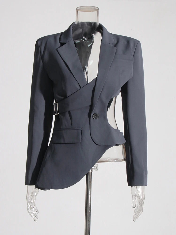 TWOTWINSTYLE Solid Designer Hollow Out Blazer For Women Notched Collar Long Sleeve Patchwork Button Elegant Blazers Female New