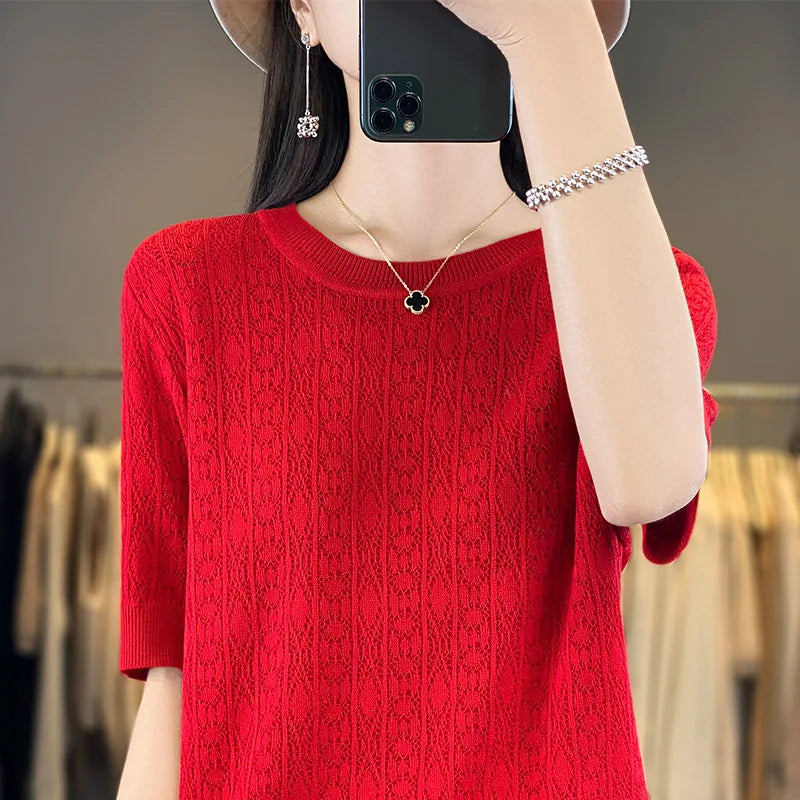Summer New 100% Pure Cotton Sweater Short sleeved Women's Casual Solid Color Round Neck Pullover Loose Fashion Large Top