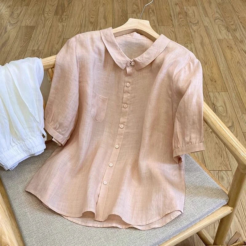Large Size Summer Cotton Linen Set for Mom Casual Faionable Belly Covering Two Piece Suit ort Sve  Collar Button up