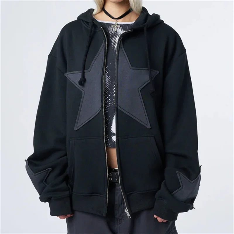 Women's Graphic Hoodie Y2k Zip Up Hoodies Star Patchwork Oversized Sweatshirt with Drawstring Aesthetic Pullover with Hood Shirt